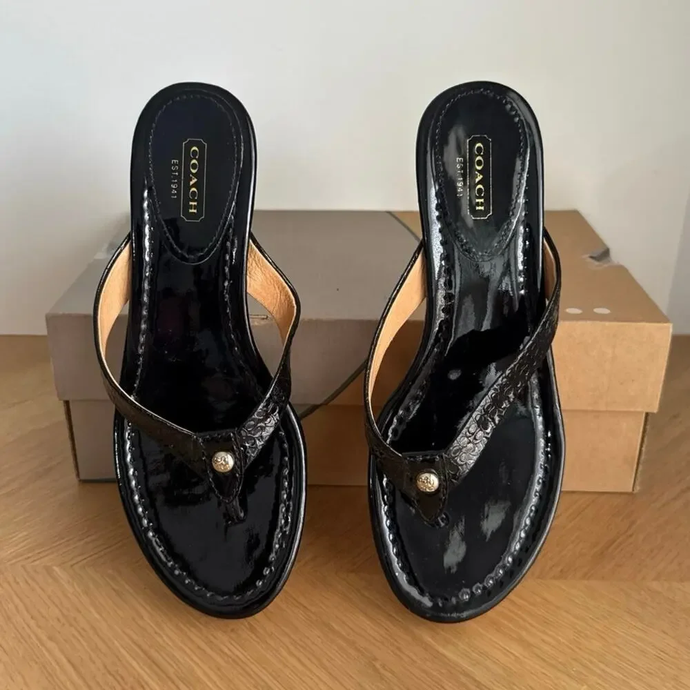 Coach Signature Black Patent Leather Women Wedge Sandals - SZ 8